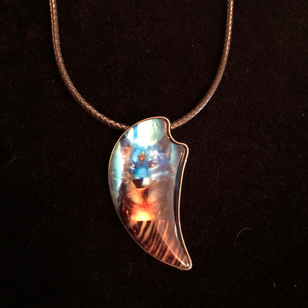 Mystical Blue and Gold Wolf Pendant Necklace